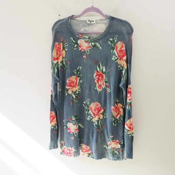 Show Me Your MuMu Gray Bonfire Sweater Sweetheart Marine Knit Floral Rose (M) - Picture 1 of 10